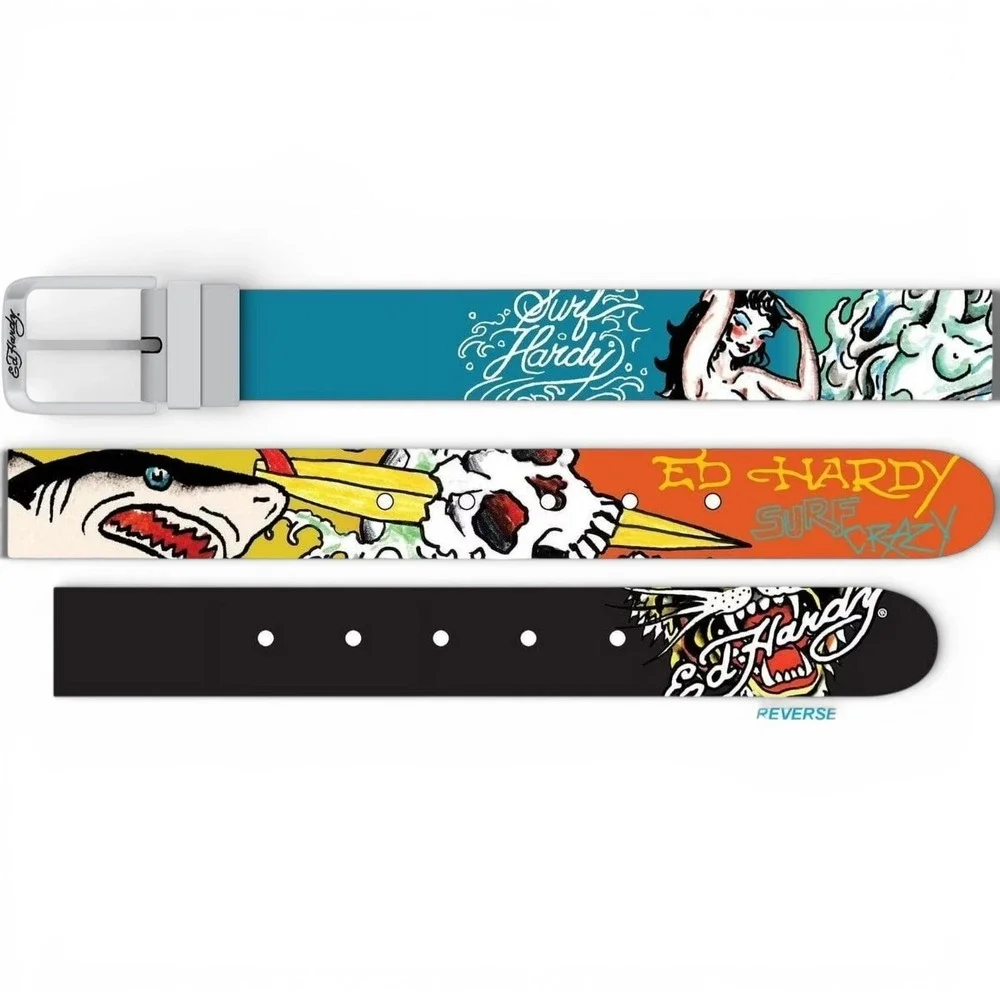 Ed Hardy Live to Ride Reversible Belt Mens Sz‎ 36 Graphic Print Metal Buckle NEW